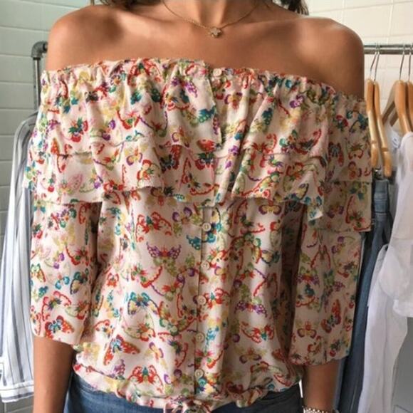 Zadig & Voltaire Butterfly Silk Blouse | Off Shoulder Ruffle Top Boho Romantic - Picture 1 of 16